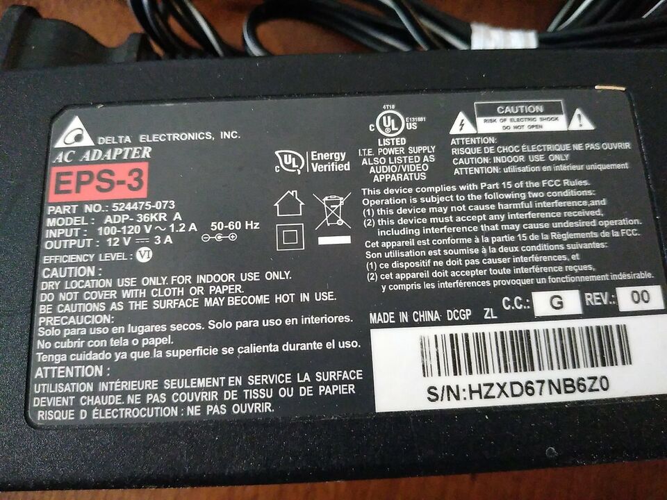 *Brand NEW*Delta Electronics 12V 3A AC Adapter EPS-3 Model: ADP-36KR A Power Supply